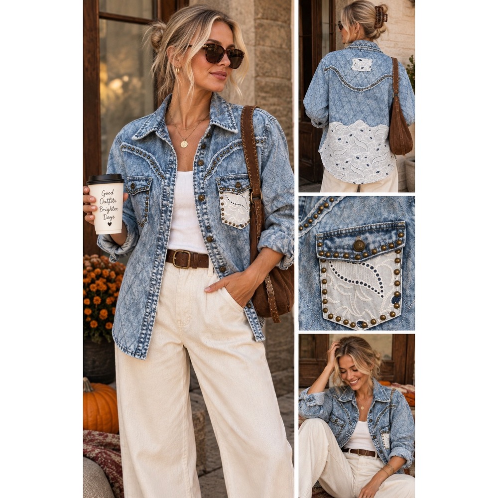 POL Clothing Quilted Denim Studded Eyelet Lace Western Shacket Light Wash WYT43B